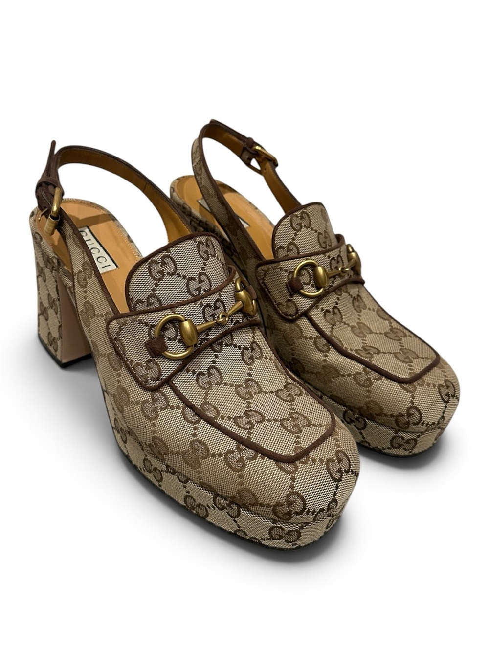 Gucci Brown GG Canvas Horsebit Slingback Platform Heels